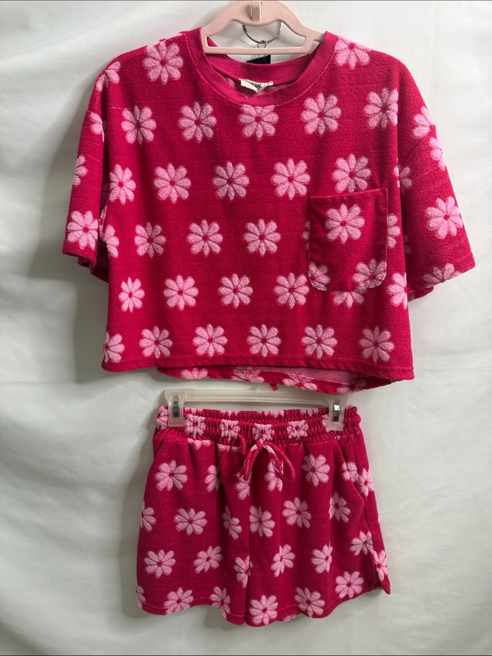 Girls Hot Pink Floral Short Sleeve Pajama Set with Pocket